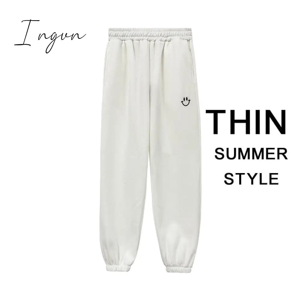 Ingvn - Smiley Face Embroidery Sweatpants C Thin White / S