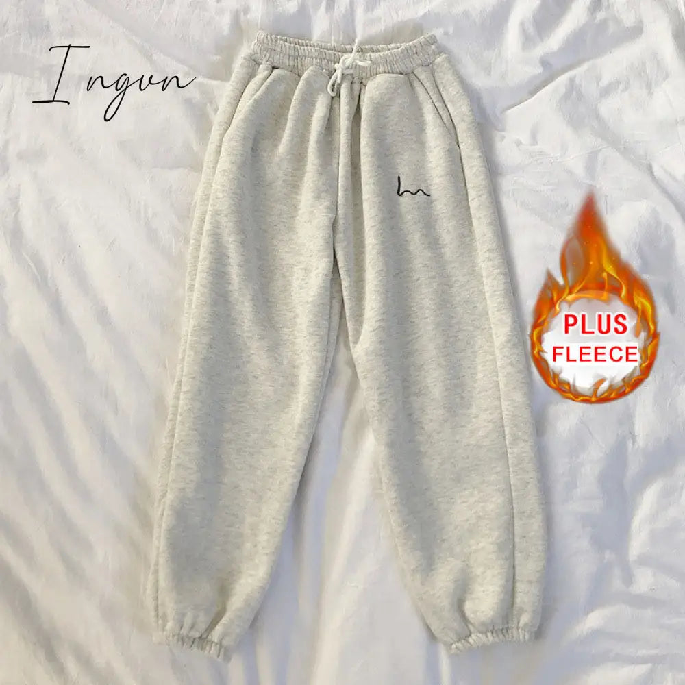 Ingvn - Smiley Face Embroidery Sweatpants Es Plus Fleece Beige / S