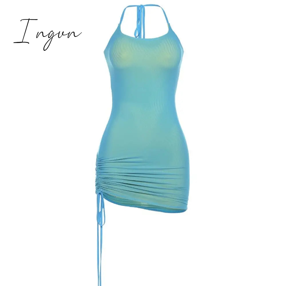 Ingvn - Solid Color Drawstring Women Party Dress Strap Sleeveless Halter Bodycon Club Fashion