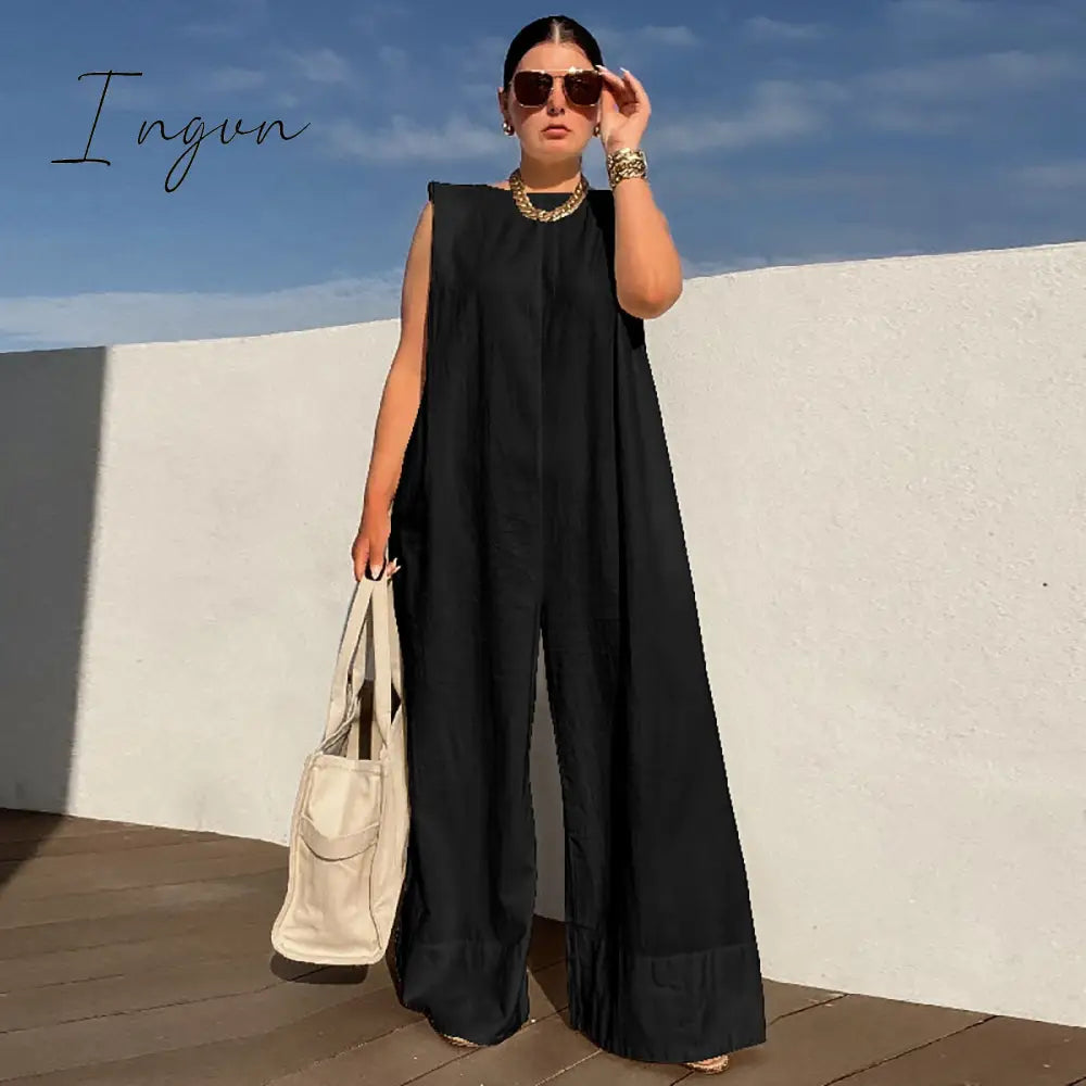 Ingvn - Solid Color Sleeveless Wide Leg Fitness Summer Fashion Female Loose White Black Casual Cool