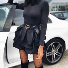 Ingvn - Solid Long Sleeve Mini Bud Dress Party Black Women