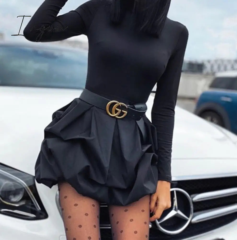 Ingvn - Solid Long Sleeve Mini Bud Dress Party Black Women Black / S