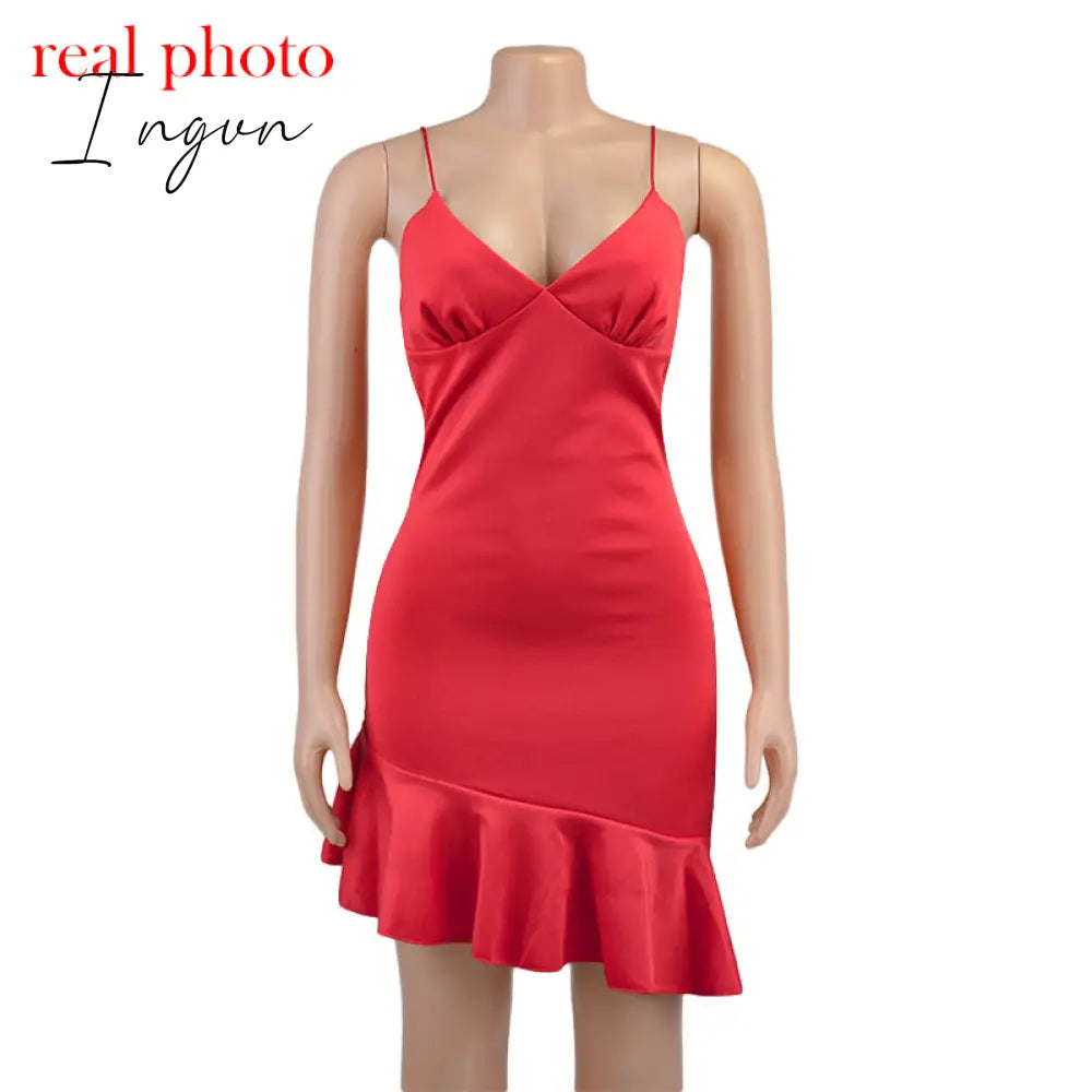 Ingvn - Spaghetti Straps Ruffles Mini Dress Club Party Elegant Sleeveless Slip Women’s Summer