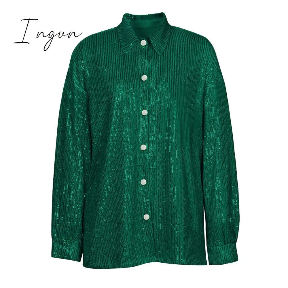 Ingvn - Sparkly Two - Piece Set Party Outfits For Womens Sequin Top Blouse Shirt And Pants Suit
