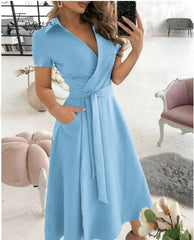 Ingvn - Spring And Summer Fashion New Party Dress Short - Sleeved V - Neck Retro With Printed Belt
