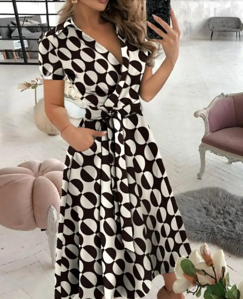 Ingvn - Spring And Summer Fashion New Party Dress Short - Sleeved V - Neck Retro With Printed Belt