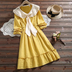 Ingvn - Spring Autumn Japan Style Cute Kawaii Solid Dress New Design Peter Pan Collar Women Raffles