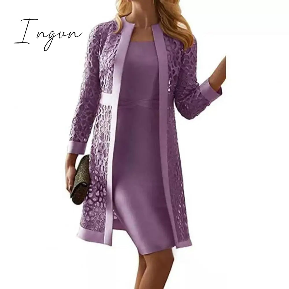 Ingvn - Spring Autumn Two Piece Dress Women Long Sleeve Knee Length Jacket Mother Of The Bride