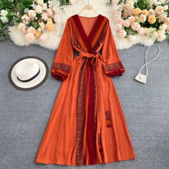 Ingvn - Spring Autumn Women Printed Long Dress Vintage Puff Sleeve High Waist A - Line Vestidos