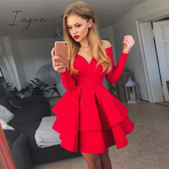 Ingvn - Spring Autumn Women Solid Long Sleeve Sexy Clubwear V - Neck Off Shoulder Evening Party