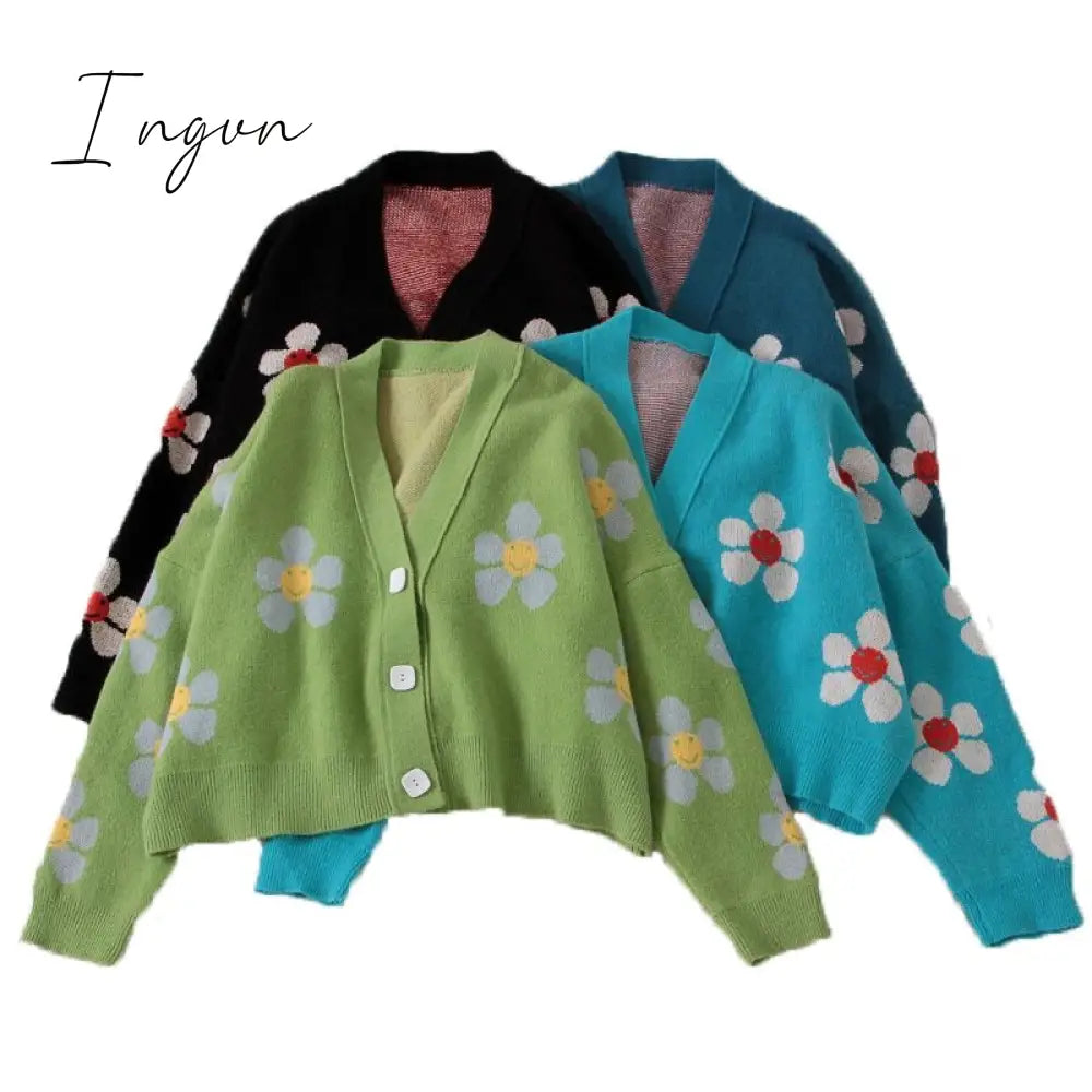 Ingvn - Spring College Style Flower Print Knitted Doat Loose Retro V - Neck Cute Light Green