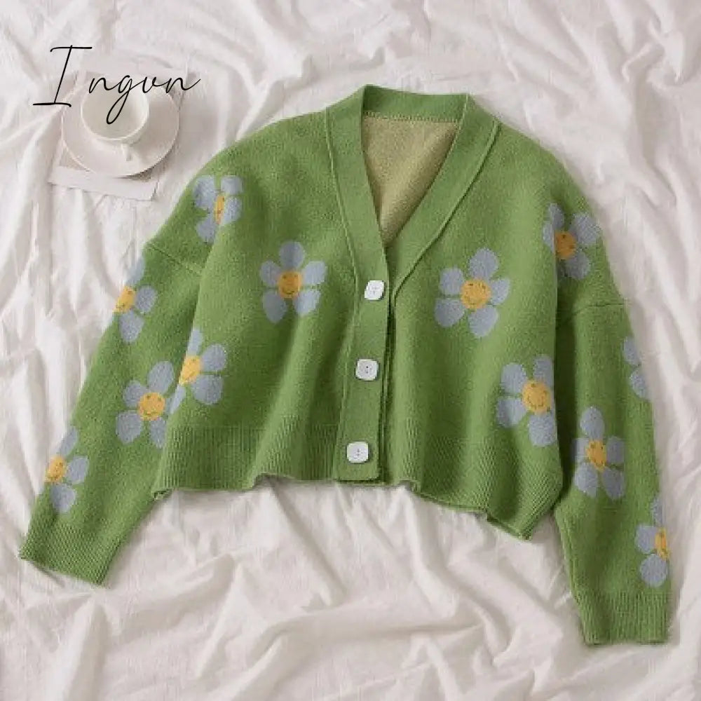 Ingvn - Spring College Style Flower Print Knitted Doat Loose Retro V - Neck Cute Light Green