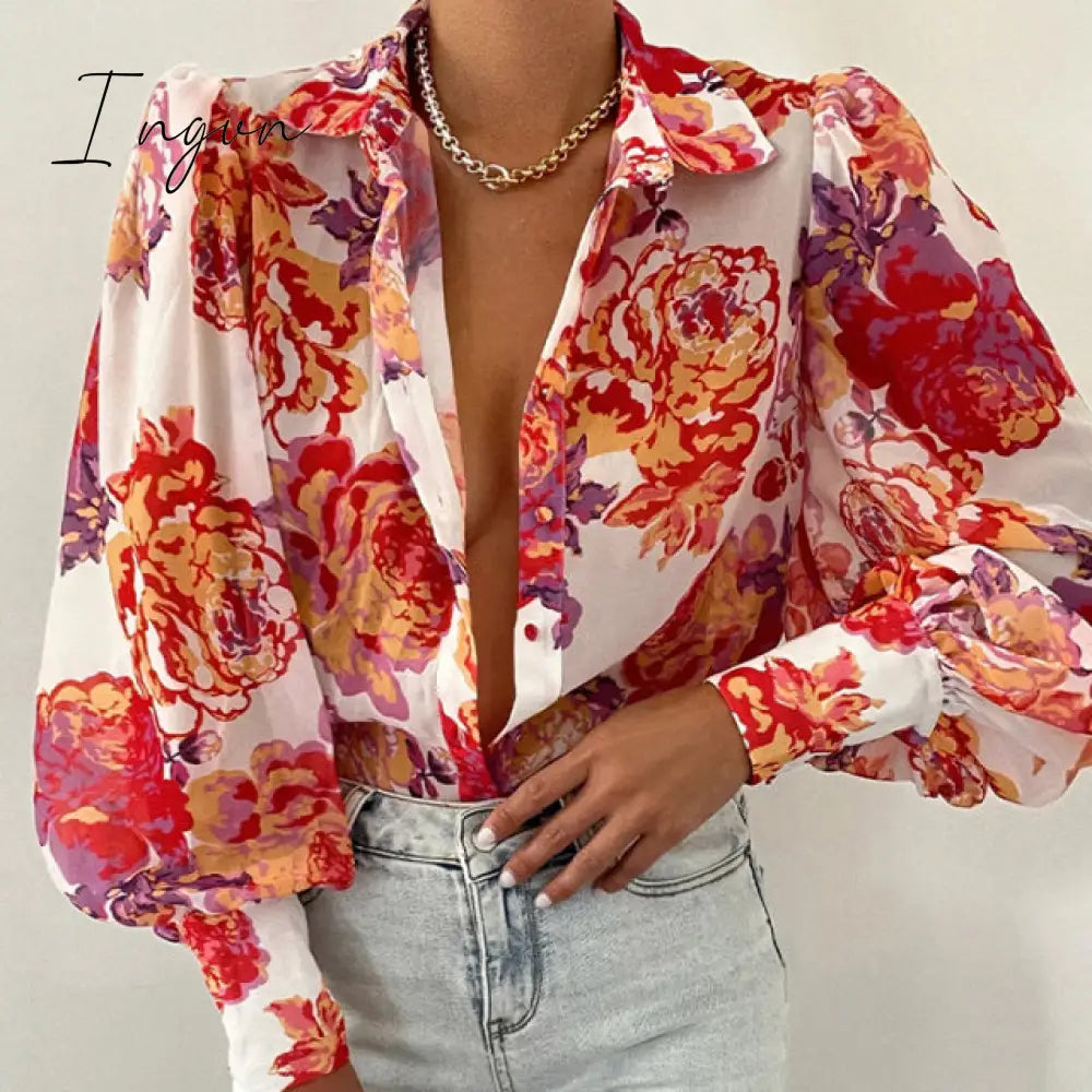 Ingvn - Spring Fashion Women Shirt Lantern Long Sleeves Casual Solid Color Printed Slim Buttons V