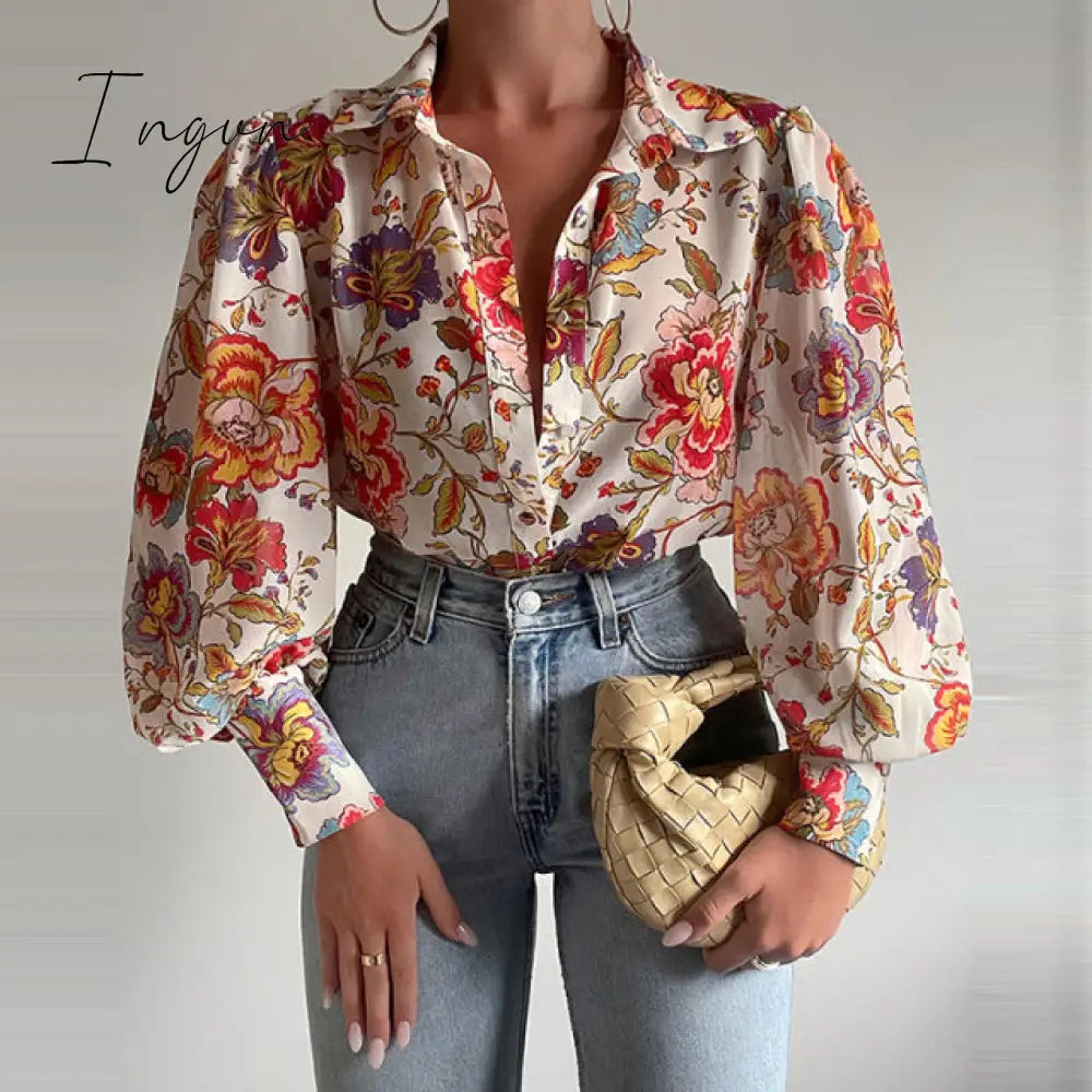 Ingvn - Spring Fashion Women Shirt Lantern Long Sleeves Casual Solid Color Printed Slim Buttons V