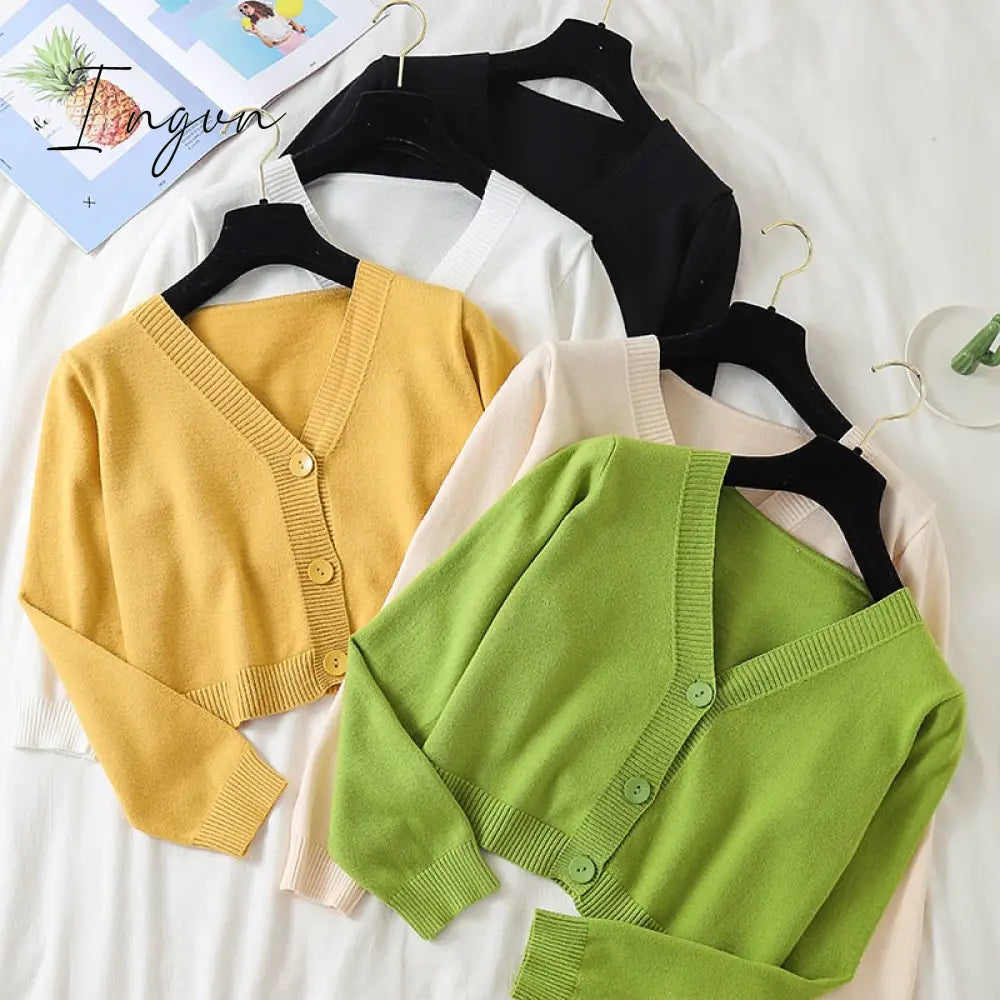Ingvn - Spring Newly Green Cropped Cardigans Women Loose Ladies Short Knitted Sweaters Long Sleeve