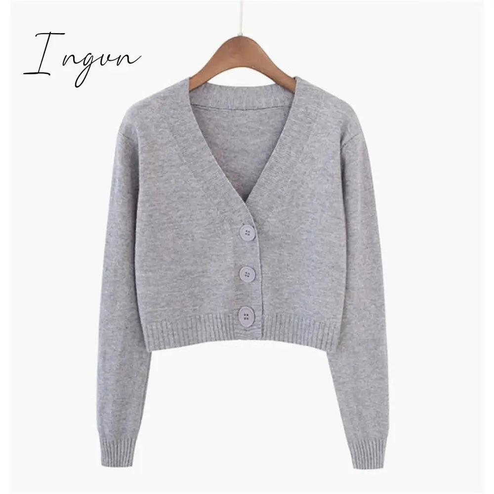 Ingvn - Spring Newly Green Cropped Cardigans Women Loose Ladies Short Knitted Sweaters Long Sleeve