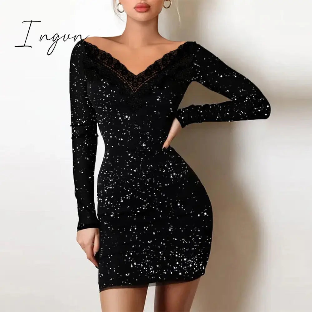 Ingvn - Spring Off Shoulder Splicing Lace Dress Sexy Slim - Fit Bright Silk Bag Hip Black Fashion
