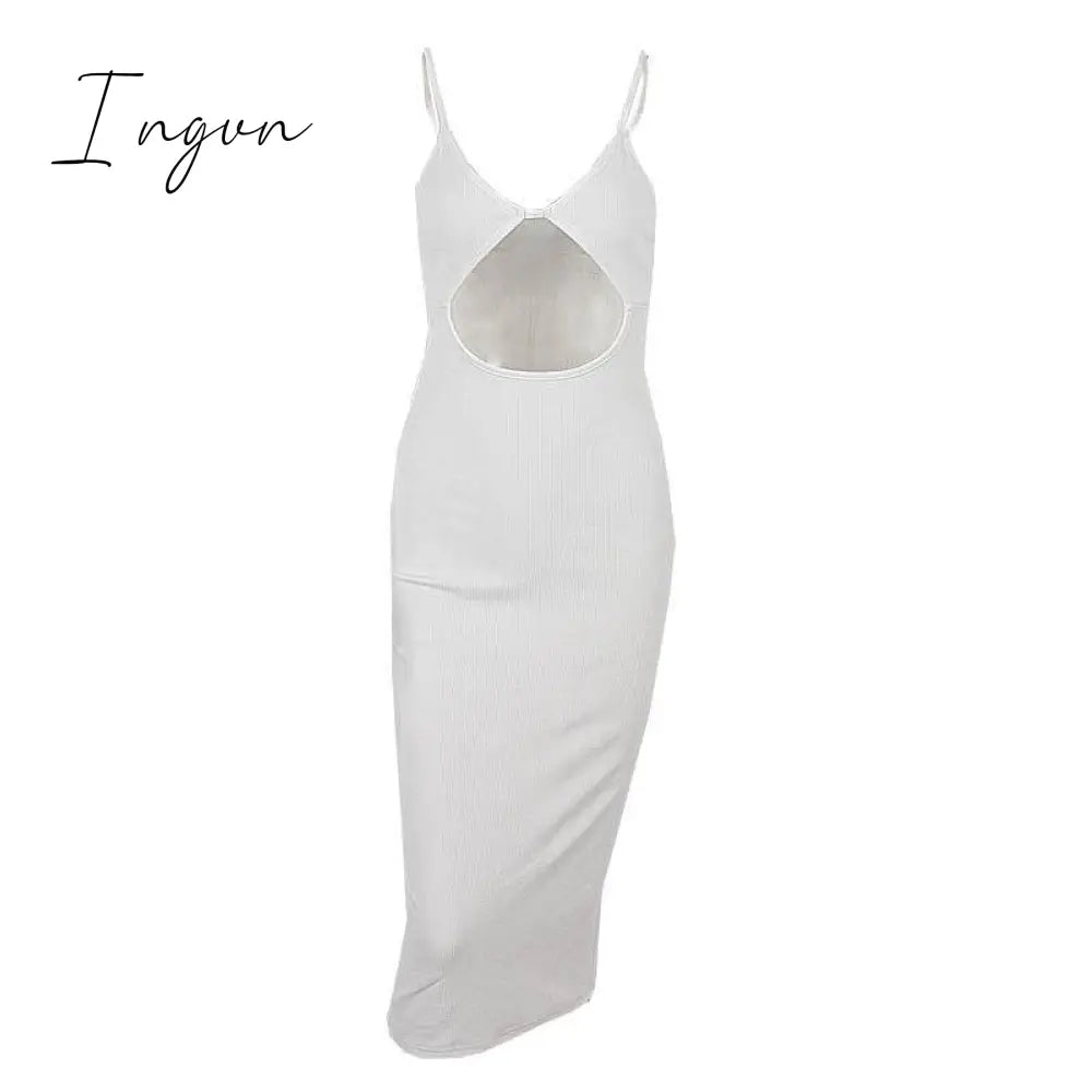 Ingvn - Spring Outfits 2023 Trends Summer Y2K Knit Spaghetti Strap Hollow Out Midi Dress Women Sexy