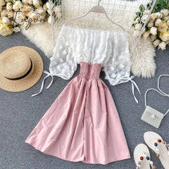 Ingvn - Spring Outfits Sexy Off Shoulder Patchwork Summer Short Dress Party Flower Chiffon Slim