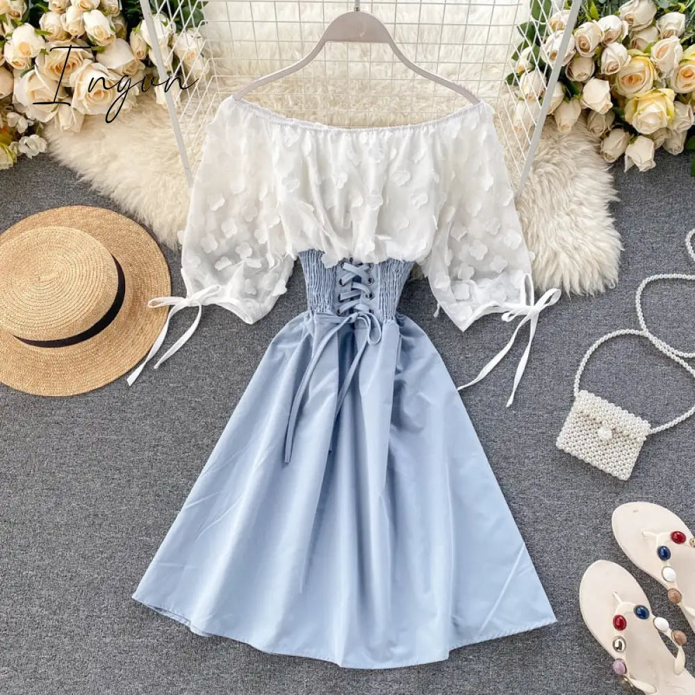 Ingvn - Spring Outfits Sexy Off Shoulder Patchwork Summer Short Dress Party Flower Chiffon Slim