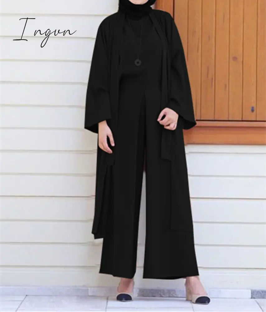 Ingvn - Spring Outfits Trends Women Solid Color Vest Wide Leg Pants Cardigan Coats 3 - Piece Sets