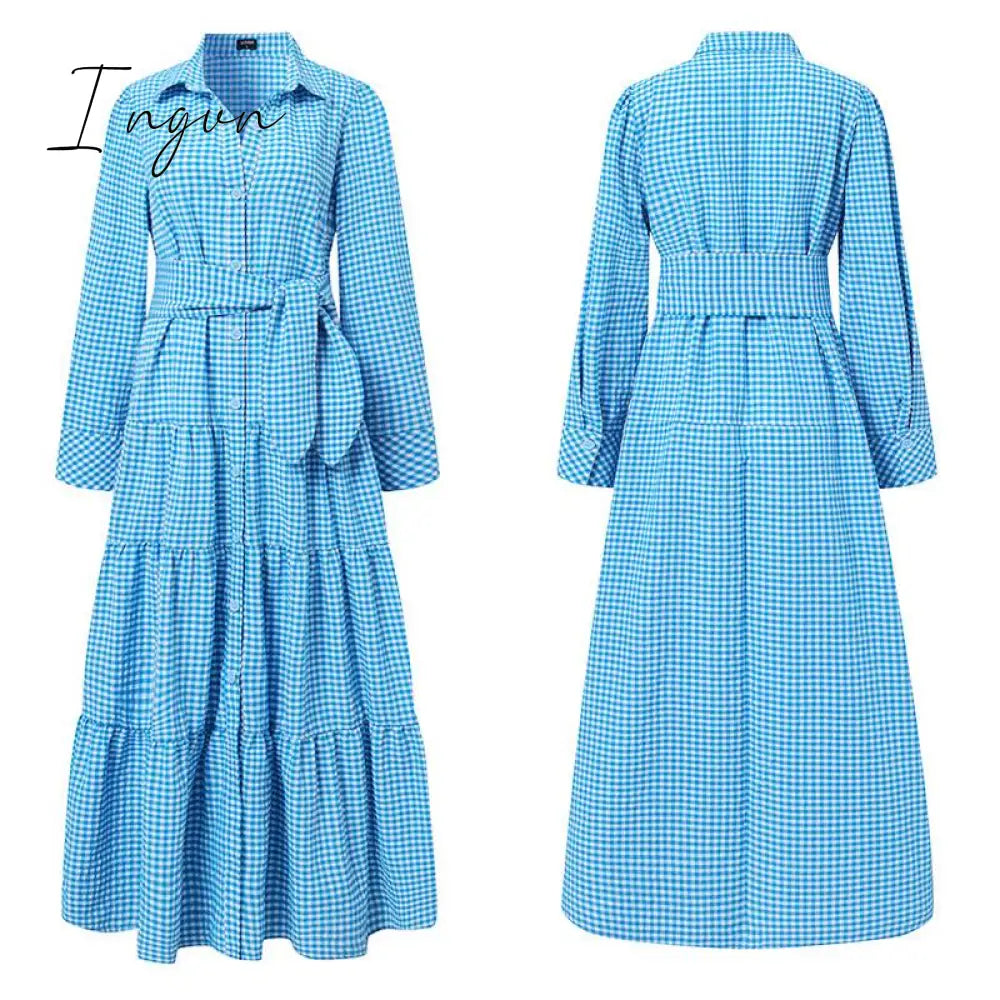Ingvn - Spring Shirt Dress Women Long Sleeve Party Dresses Casual Lapel Button Vintage Belted