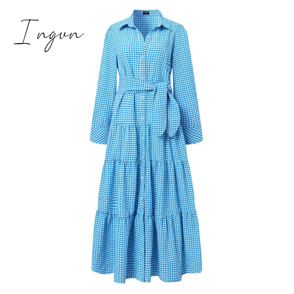 Ingvn - Spring Shirt Dress Women Long Sleeve Party Dresses Casual Lapel Button Vintage Belted