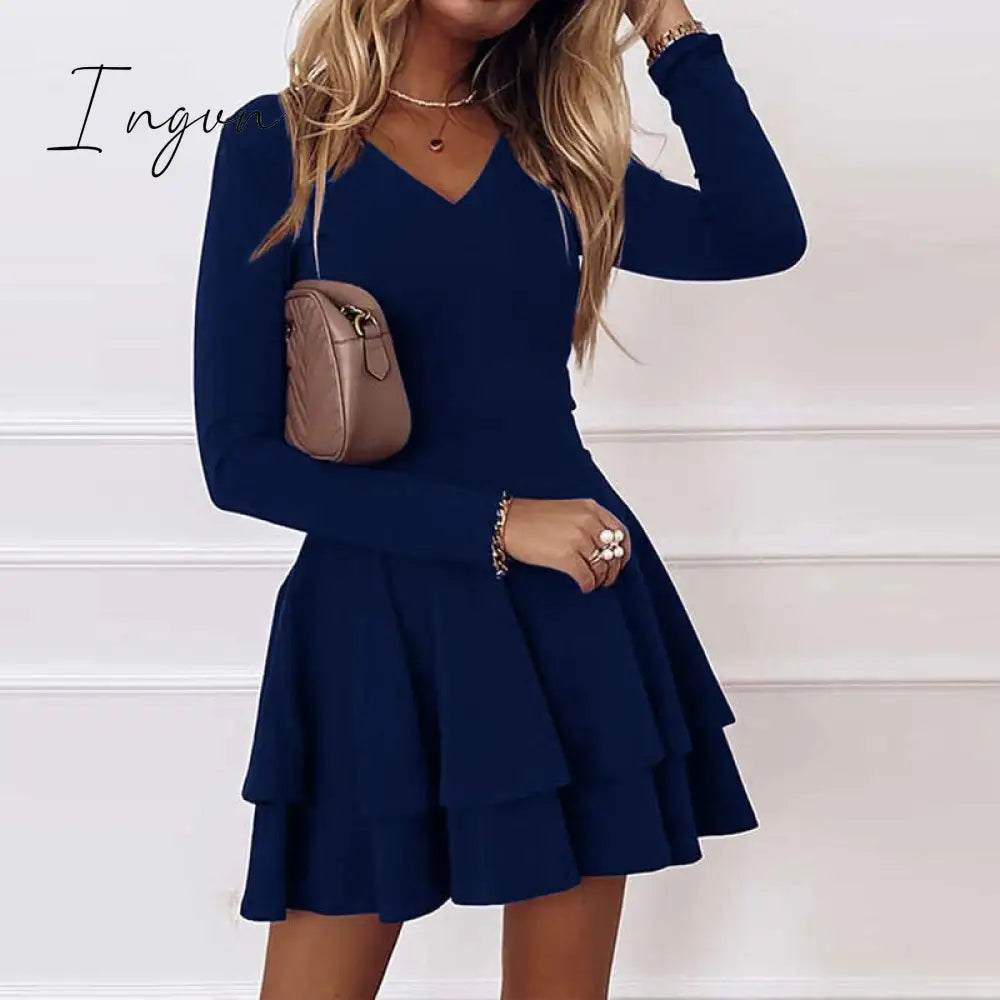 Ingvn - Spring Summer Elegant Solid Color Ruffle Party Dress Women Sexy V - Neck Long Sleeve A -