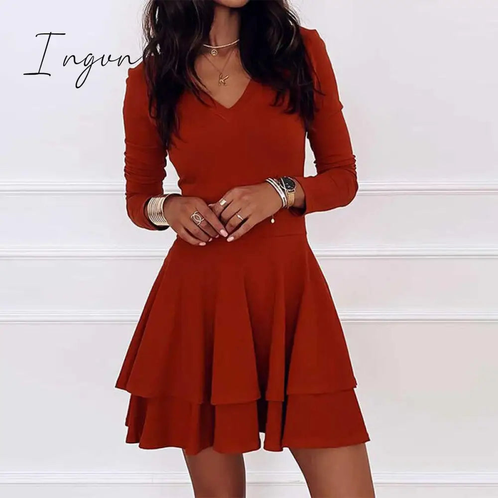 Ingvn - Spring Summer Elegant Solid Color Ruffle Party Dress Women Sexy V - Neck Long Sleeve A -