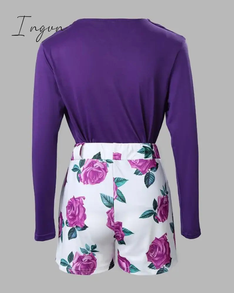 Ingvn - Spring Women Flower Printing Long Sleeve Pant Sets 2 Piece Set
