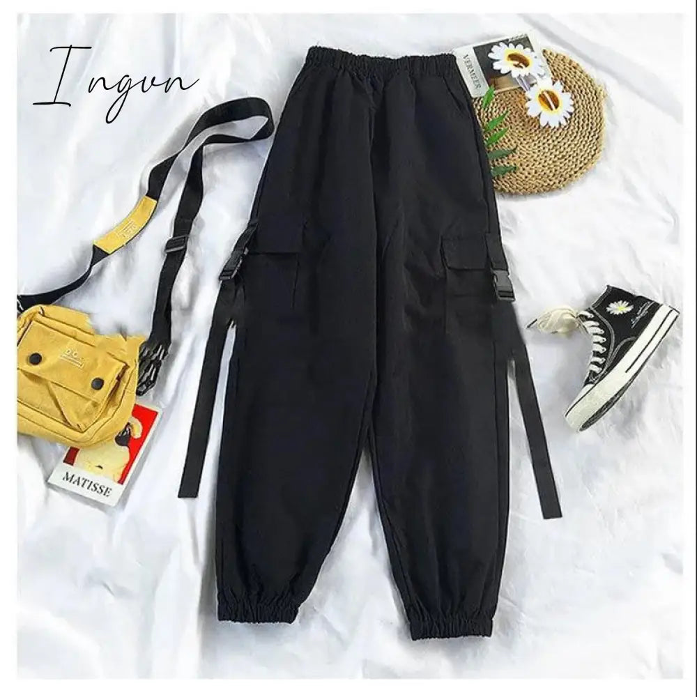 Ingvn - Spring Womens Fashion Autumn Streetwear Pants High - Waist Straight Ribbon Cargo Student