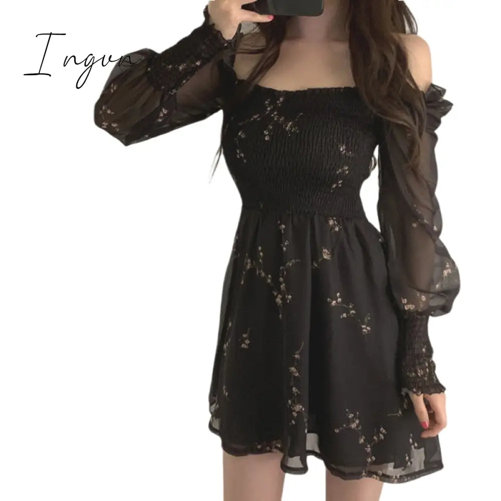 Ingvn - Spring Womens Sexy Black Dress Vintage Flower Long Puff Sleeve Chiffon Dresses Korean