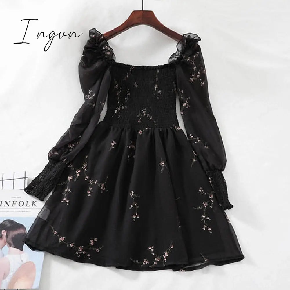 Ingvn - Spring Womens Sexy Black Dress Vintage Flower Long Puff Sleeve Chiffon Dresses Korean