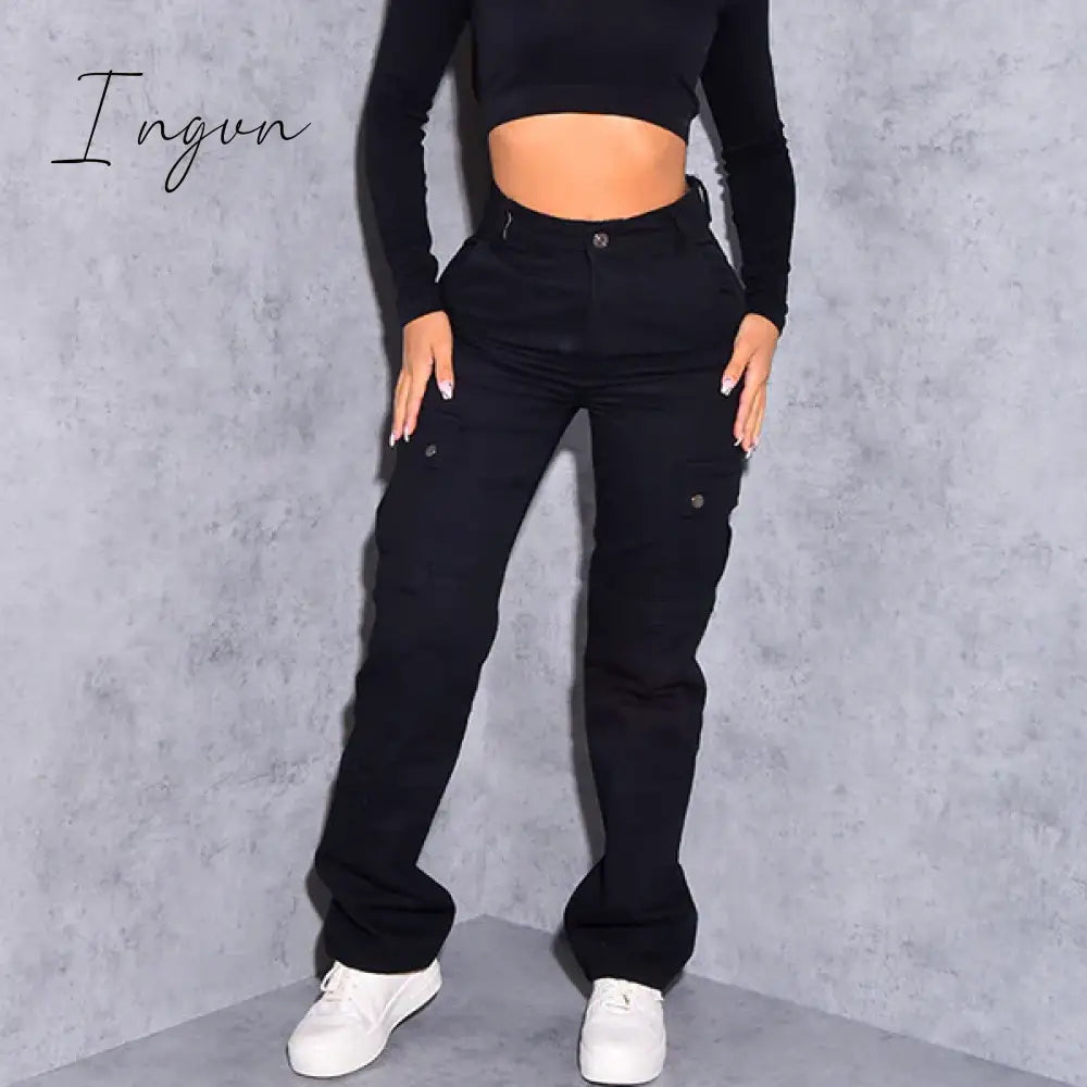 Ingvn - Straight Leg Cargo Pants Women High Waist Casual Baggy Slim Vintage Y2K Streetwear Elastic
