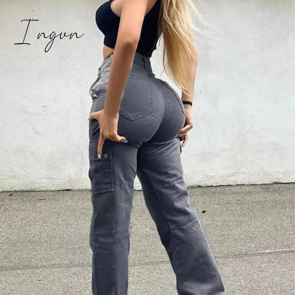 Ingvn - Straight Leg Cargo Pants Women High Waist Casual Baggy Slim Vintage Y2K Streetwear Elastic