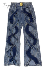 Ingvn - Street Solid Hollowed Out High Waist Straight Denim Jeans Denim/Jeans