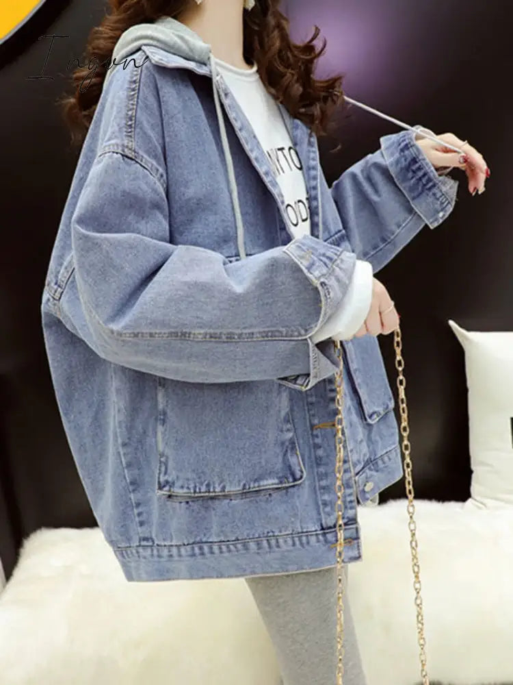 Ingvn - Streetwear Black Denim Jackets Women Korean Fashion Patchwork Hooded Spring Jacket Casual