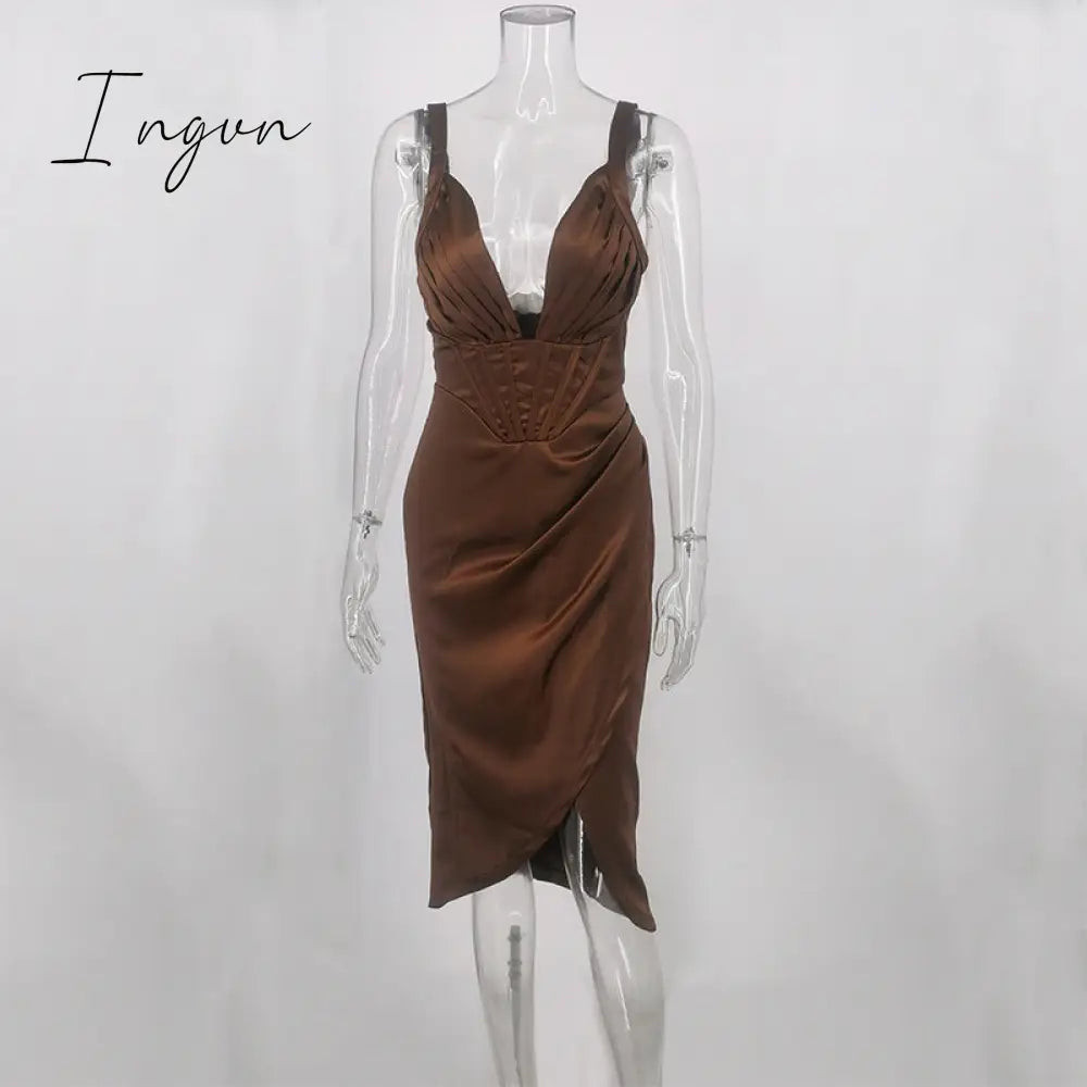 Ingvn - Stretch Satin Elegant Dress Women High Split Deep V Neck Sexy Party Summer Dresses With