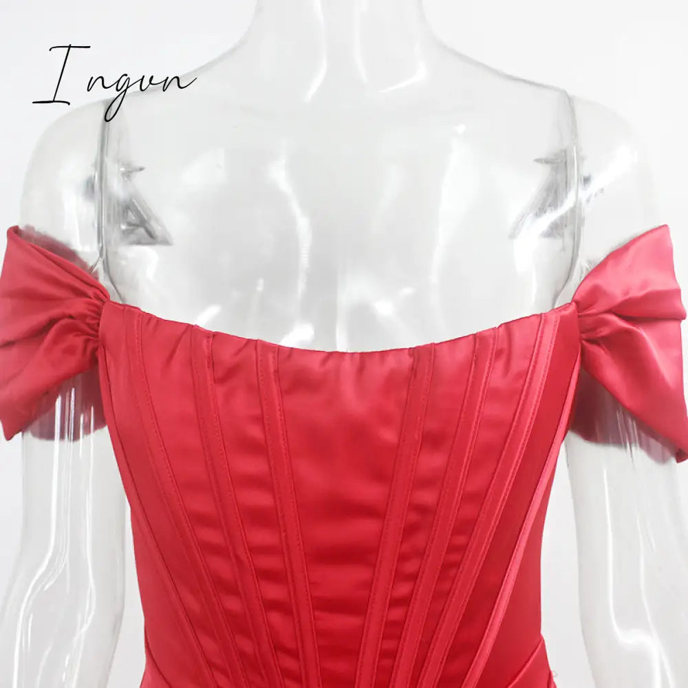 Ingvn - Stretch Satin Elegant Dress Women High Split Deep V Neck Sexy Party Summer Dresses With