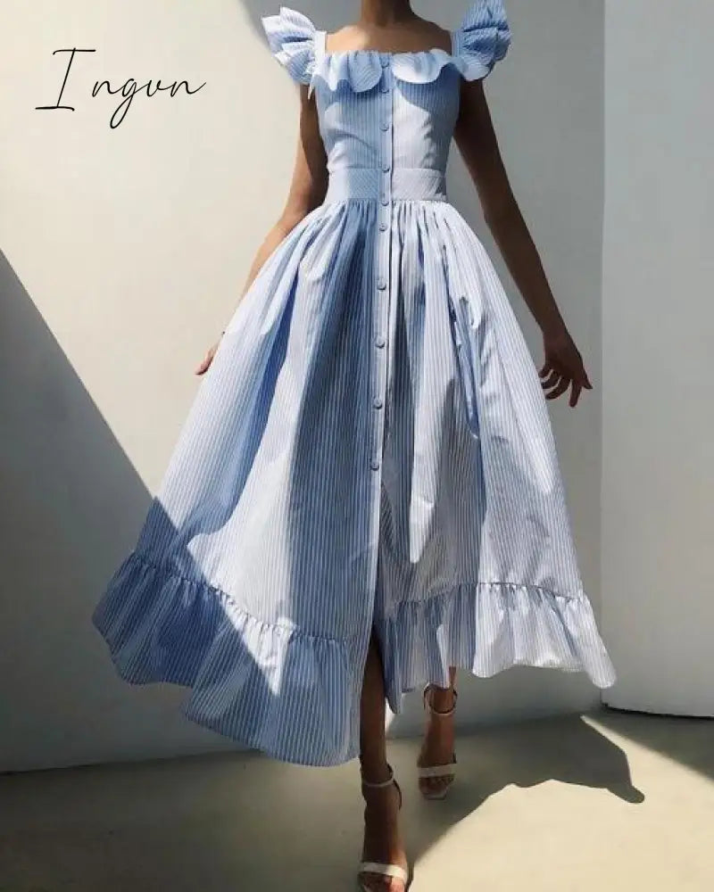 Ingvn - Striped Square Neck Flutter Sleeve Sweet Dress Women Ruffles Maxi Blue / S