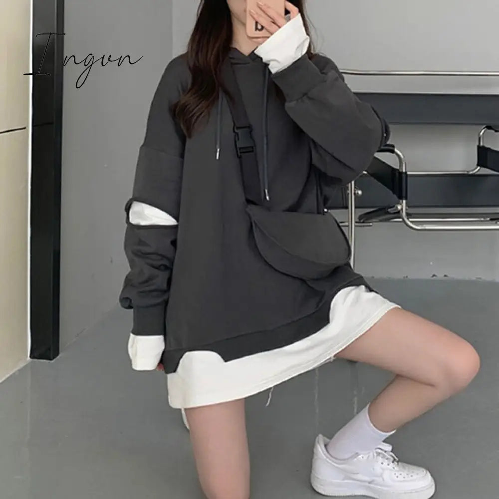 Ingvn - Stylish Fake Two Pieces Loose Long Sleeves Hoodies Blouses Gray / M Tops