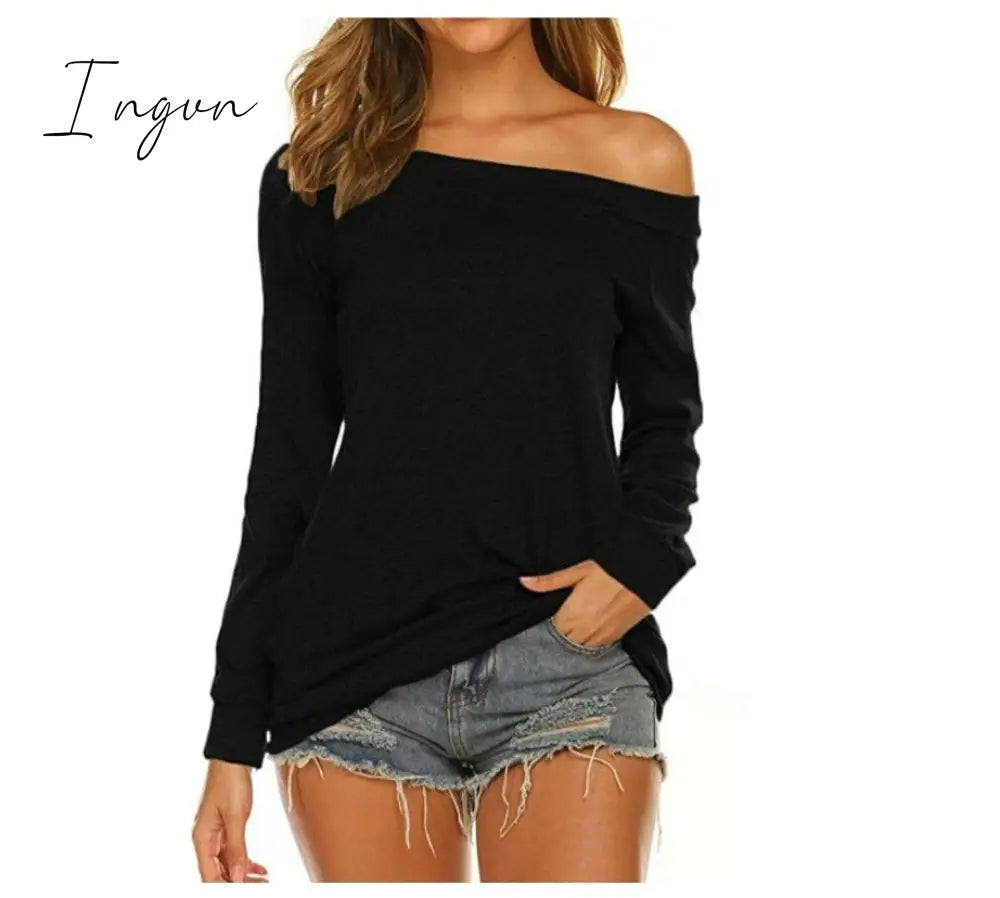 Ingvn - Stylish Off Shoulder Solid Color Long Sleeve Tops Black-Long / S