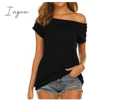 Ingvn - Stylish Off Shoulder Solid Color Long Sleeve Tops Black-Short / S