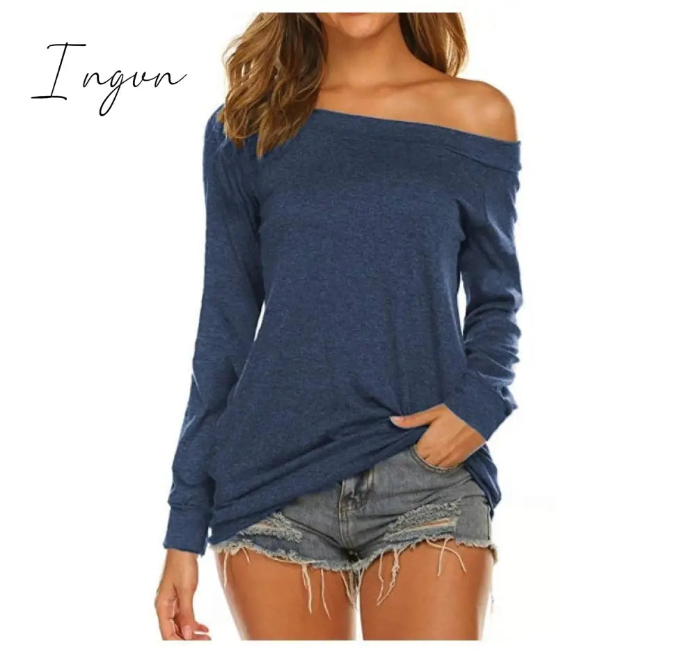 Ingvn - Stylish Off Shoulder Solid Color Long Sleeve Tops Blue-Long / S