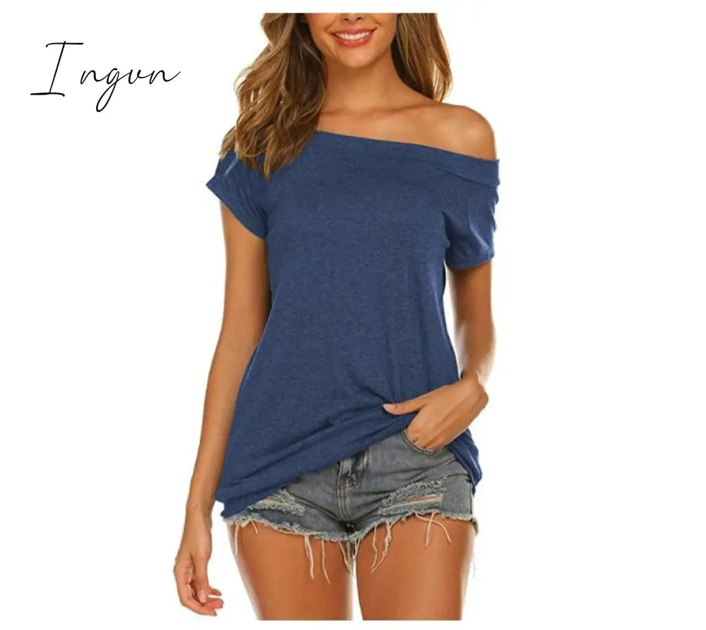 Ingvn - Stylish Off Shoulder Solid Color Long Sleeve Tops Blue-Short / S