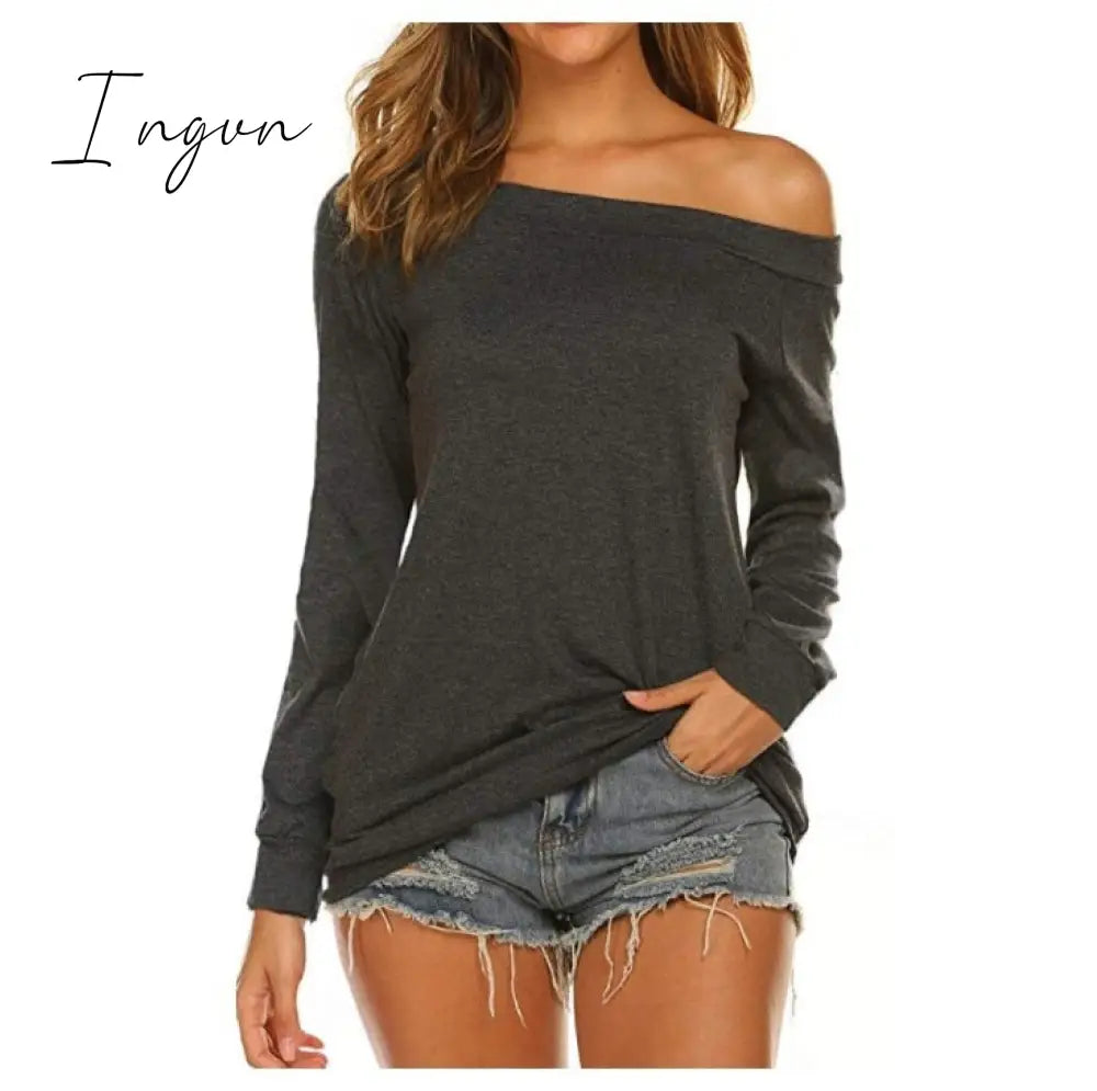 Ingvn - Stylish Off Shoulder Solid Color Long Sleeve Tops Gray-Long / S