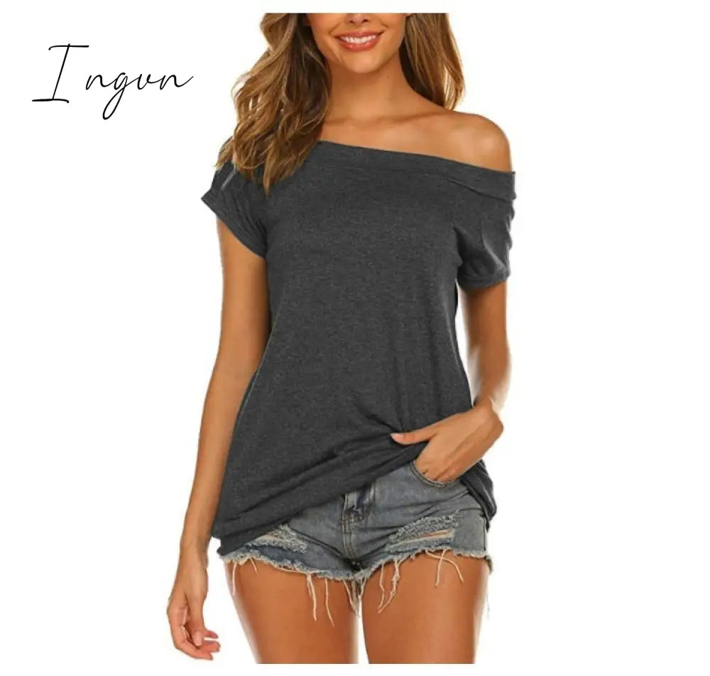 Ingvn - Stylish Off Shoulder Solid Color Long Sleeve Tops Gray-Short / S