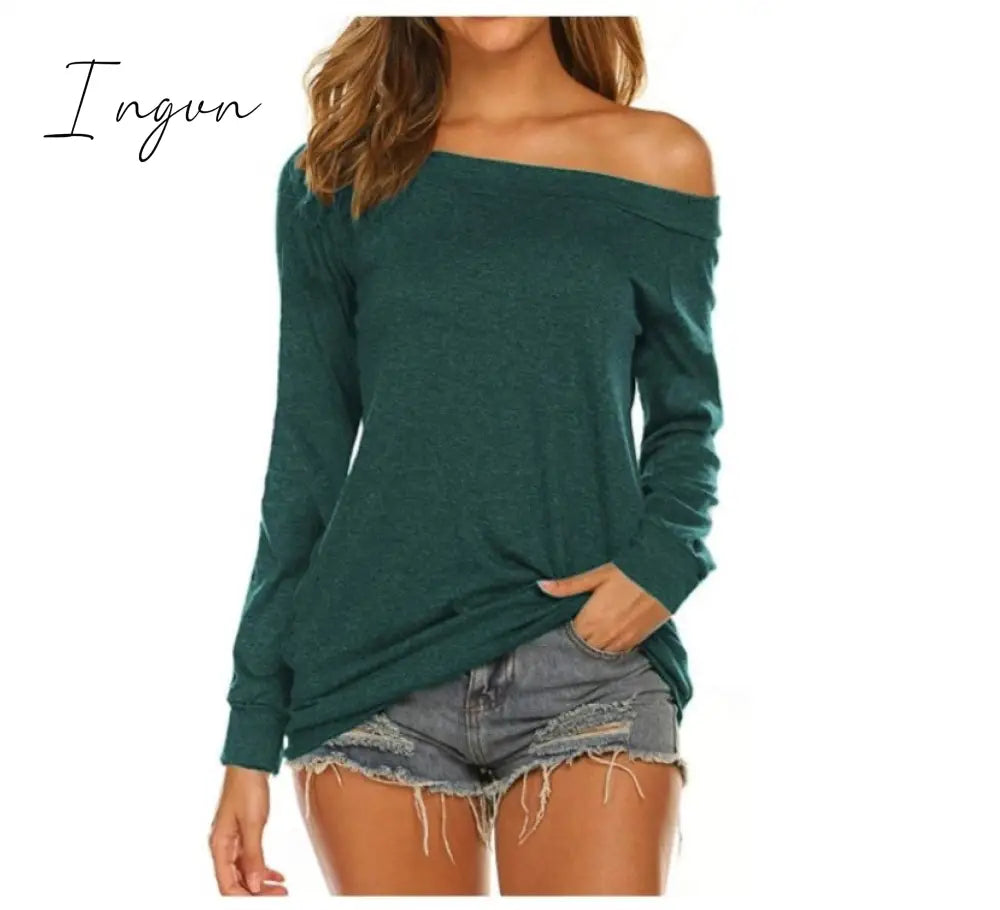 Ingvn - Stylish Off Shoulder Solid Color Long Sleeve Tops Green-Long / S