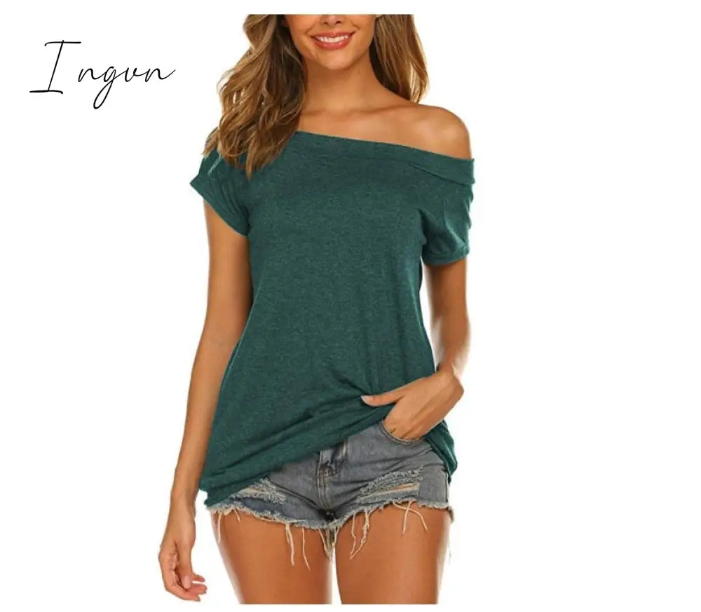 Ingvn - Stylish Off Shoulder Solid Color Long Sleeve Tops Green-Short / S