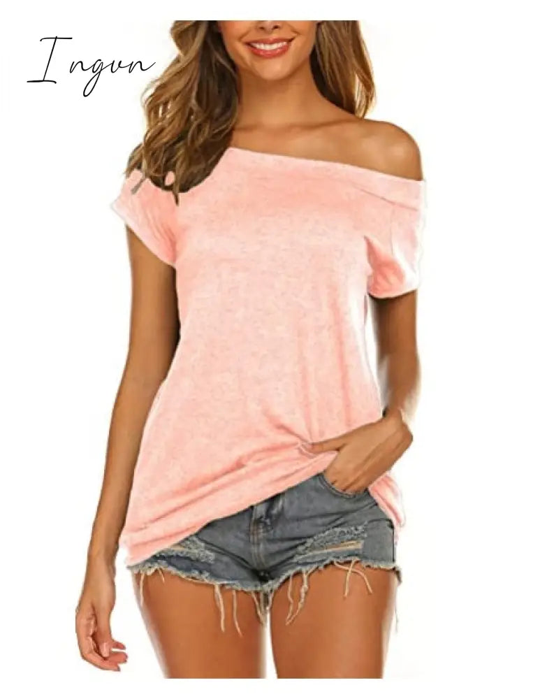 Ingvn - Stylish Off Shoulder Solid Color Long Sleeve Tops Light Pink-Short / S